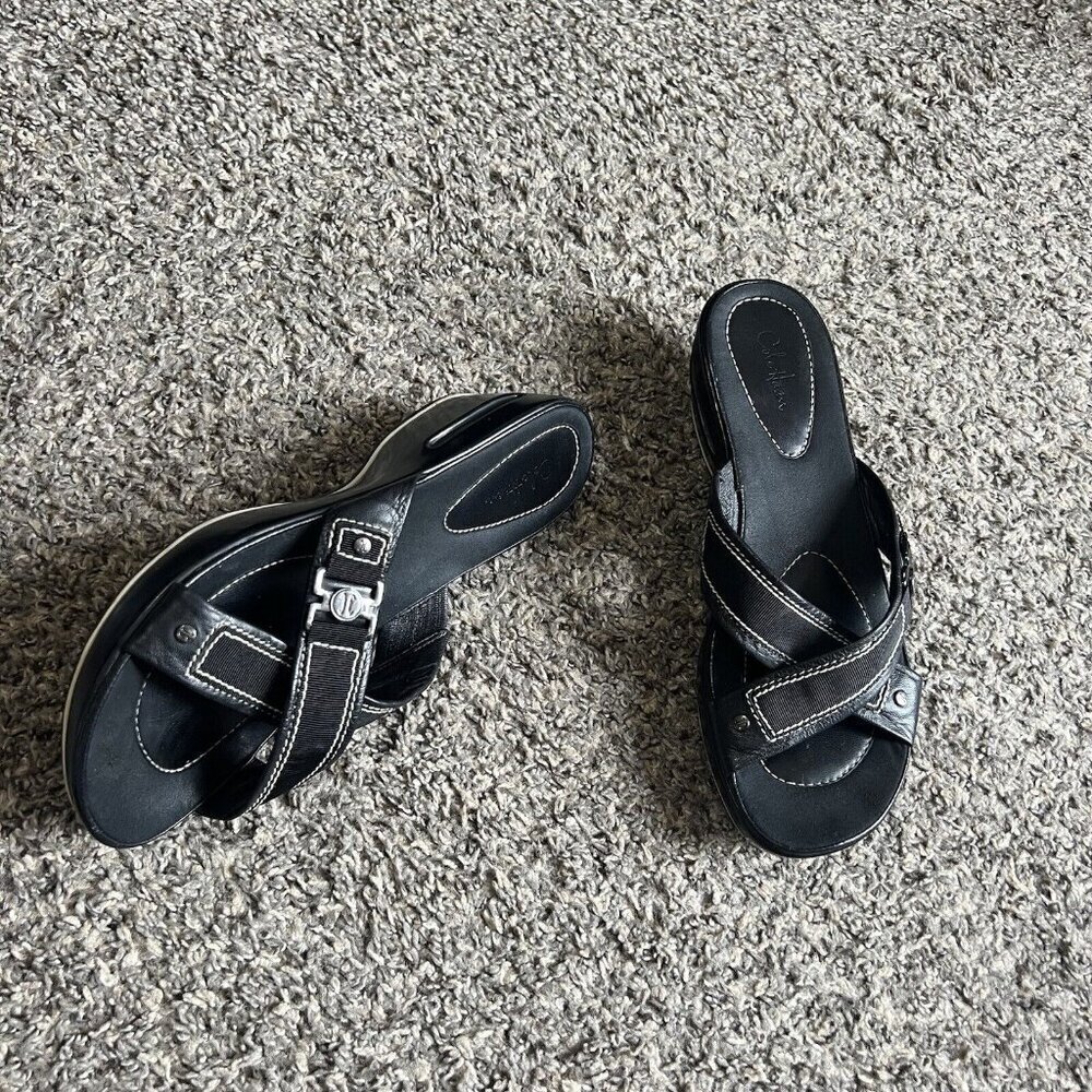 Cole Haan Sandals Womens Size 10 B Black Leather NikeAir Strappy Wedge Slide